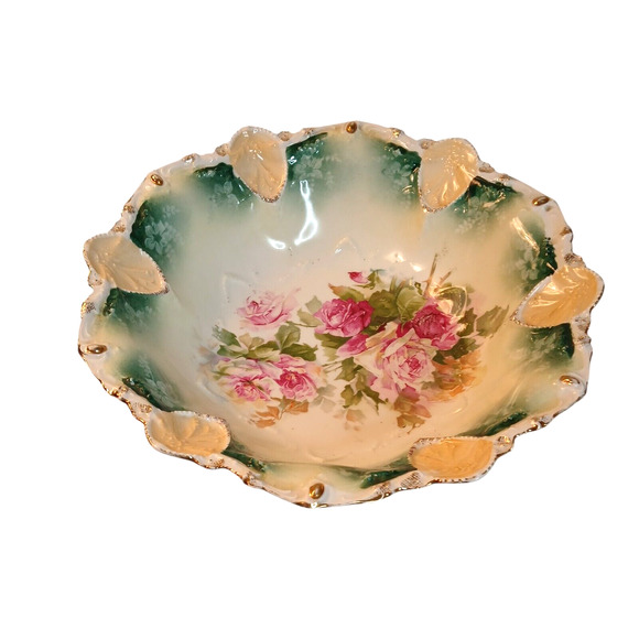 Antique 1900's RS Prussia Porcelain Large Serving Bowl Scroll Mold Pink Roses - Picture 5 of 10